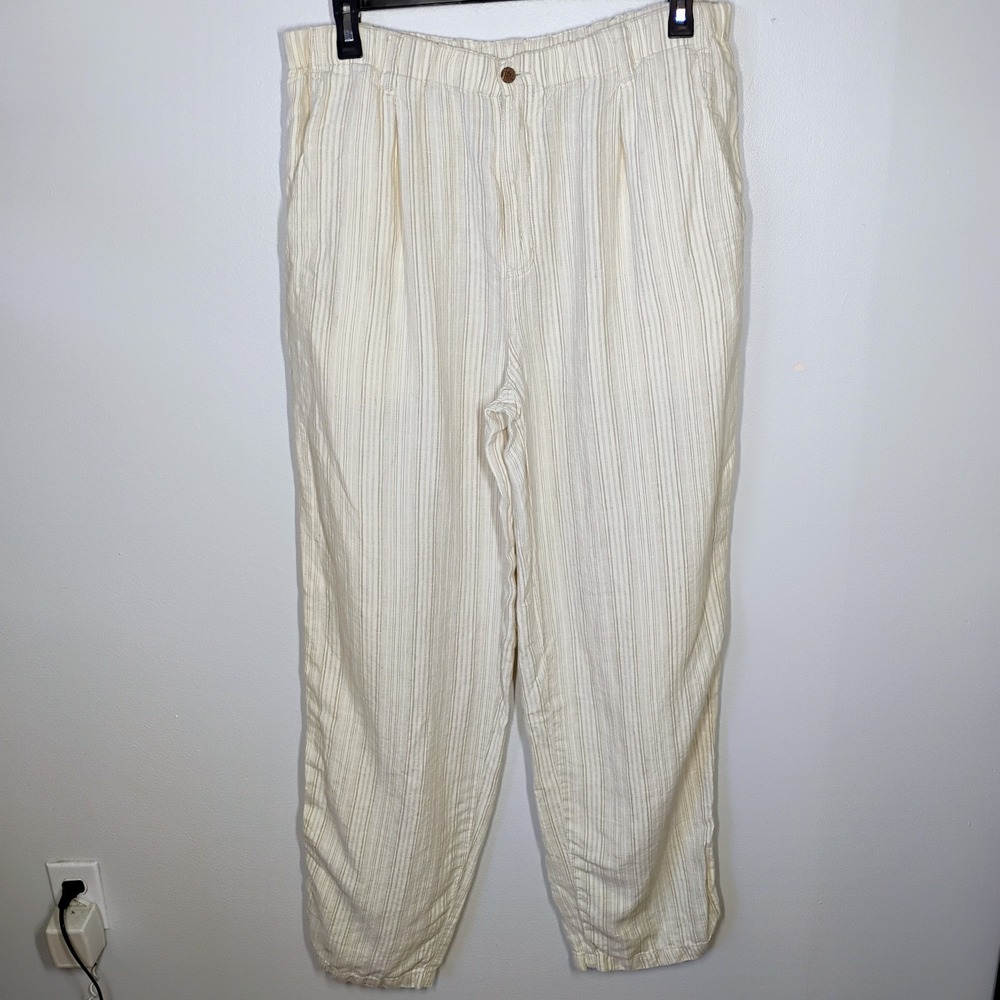 Tommy Bahama Linen Pants Men L x 33" Inseam Beige Striped Relax Drawstring Linen